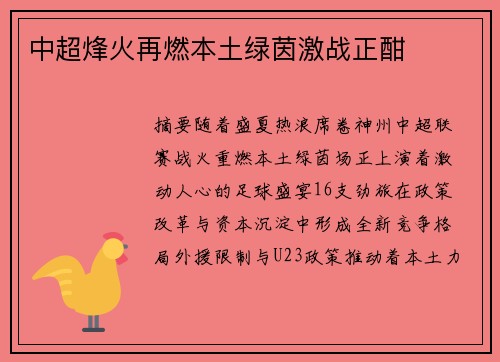 中超烽火再燃本土绿茵激战正酣